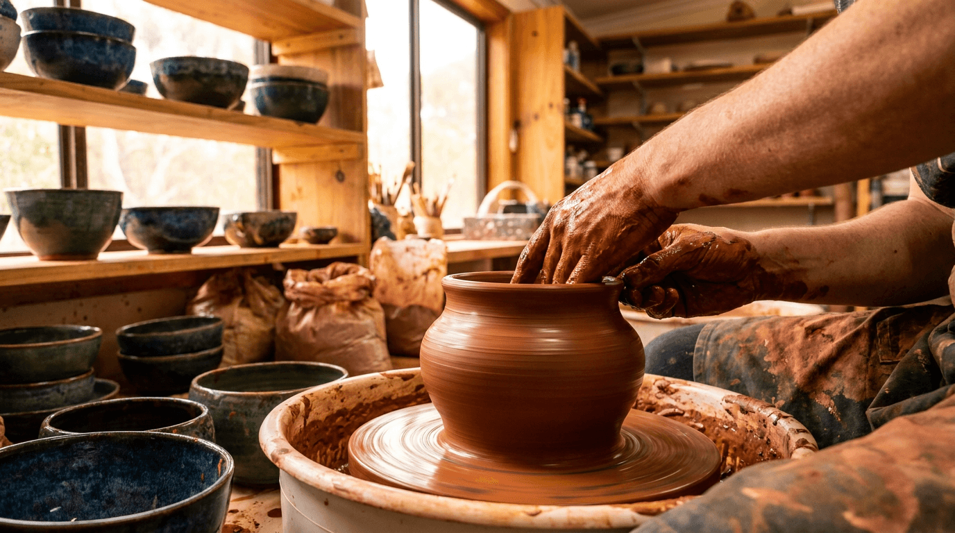 A potter shaping clay on a wheel in a studio