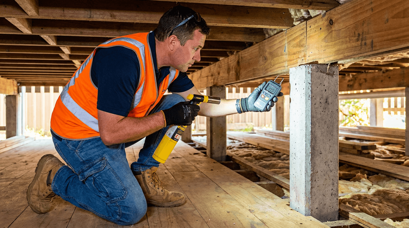 A building inspector checking a subfloor with a torch