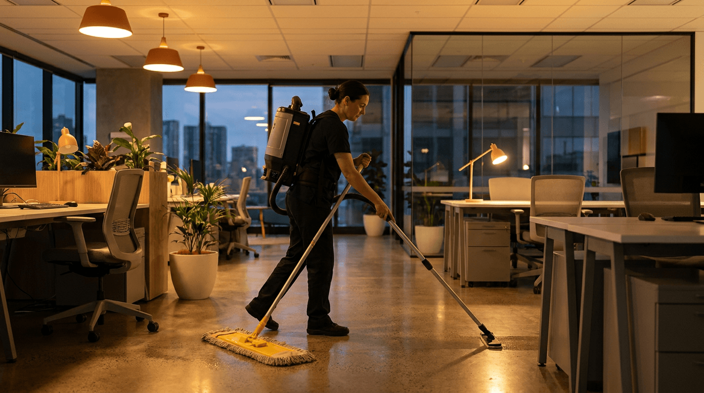 A commercial cleaner cleaning a modern office