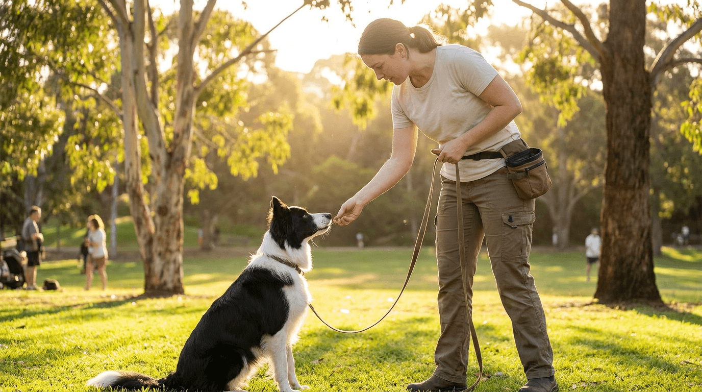 A dog trainer working with a dog in a park