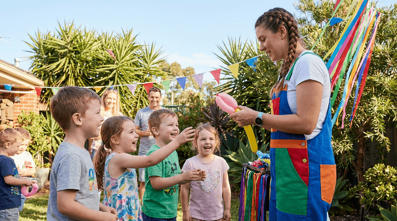 Children laughing at a backyard birthday party on a sunny Australian afternoon