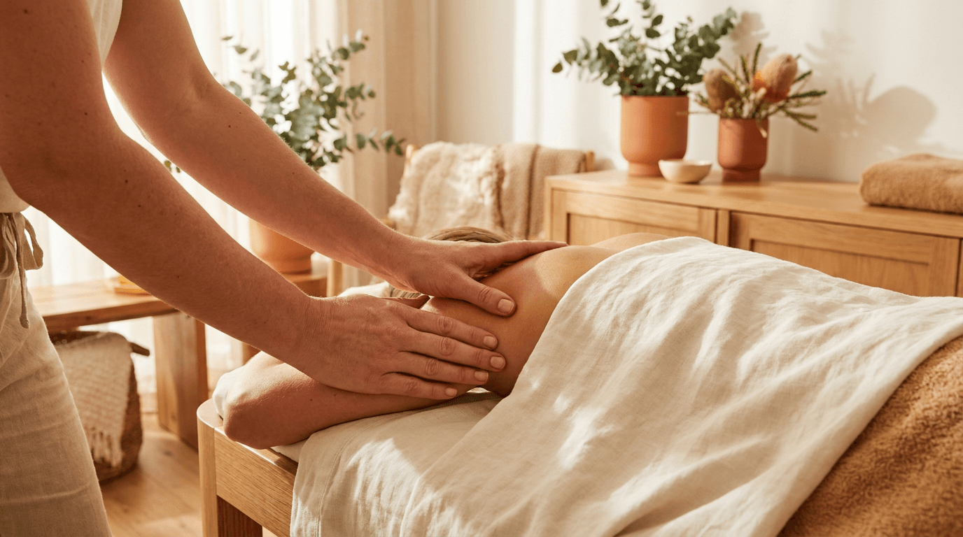 A massage therapist working on a client in a calm treatment room