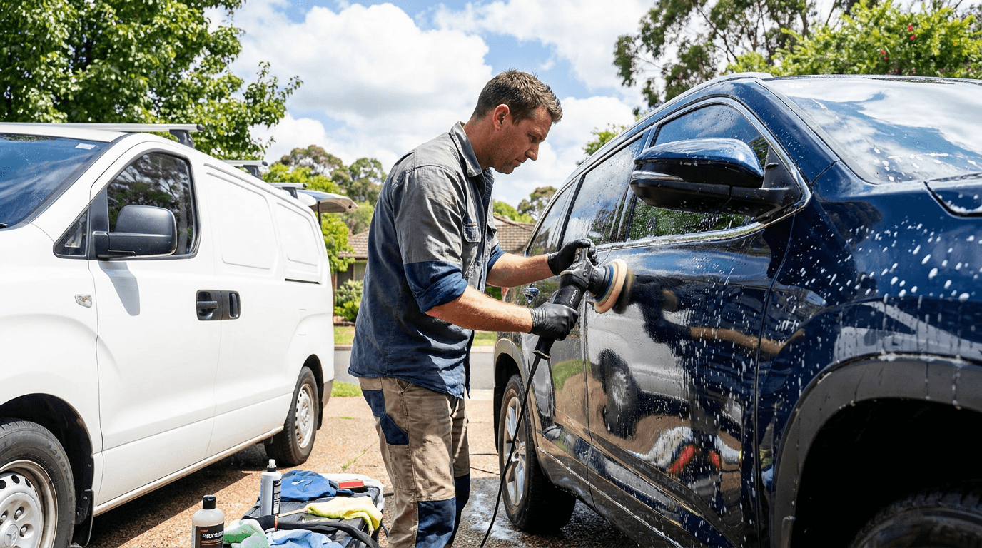 A mobile detailer polishing a car in a suburban driveway