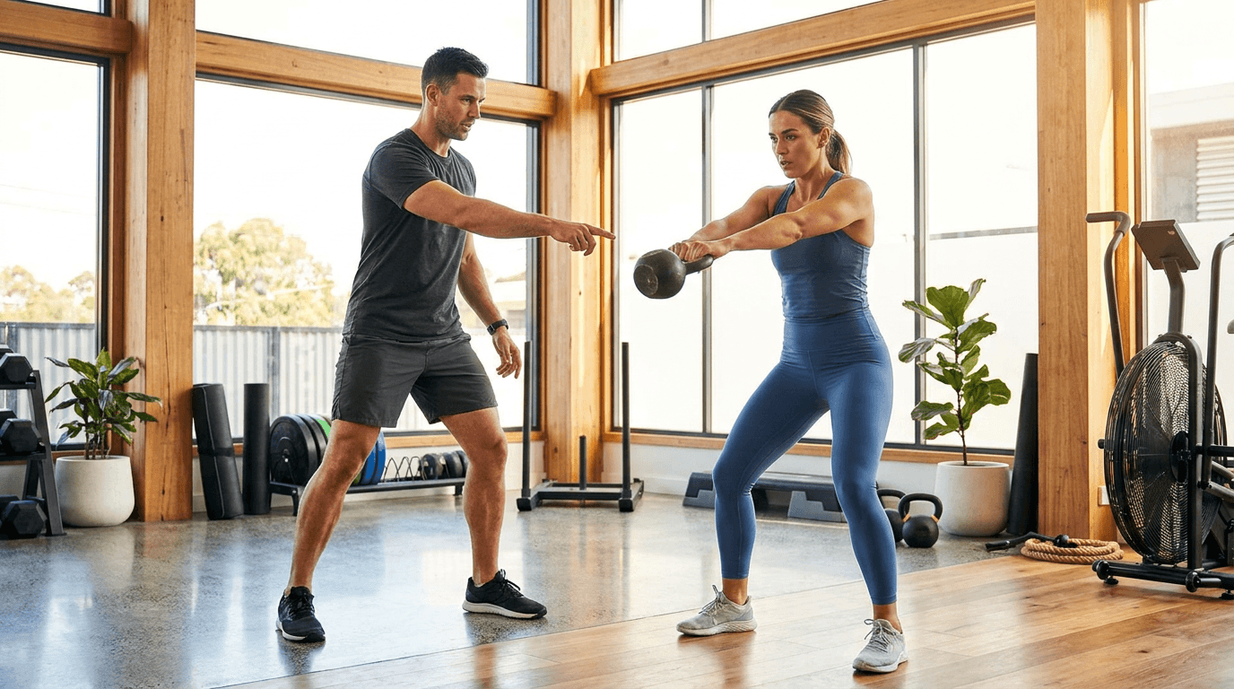 A personal trainer coaching a client in a modern gym