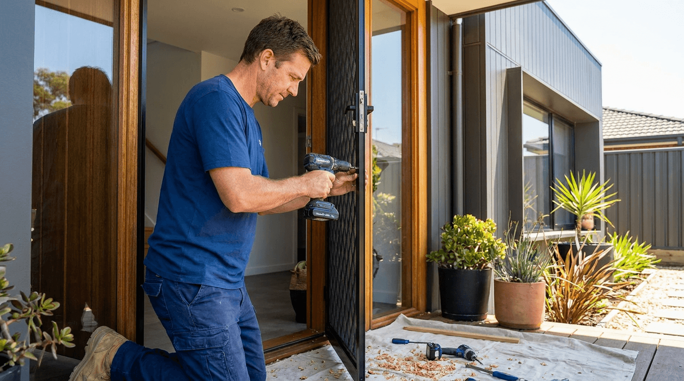 An installer fitting a security screen door