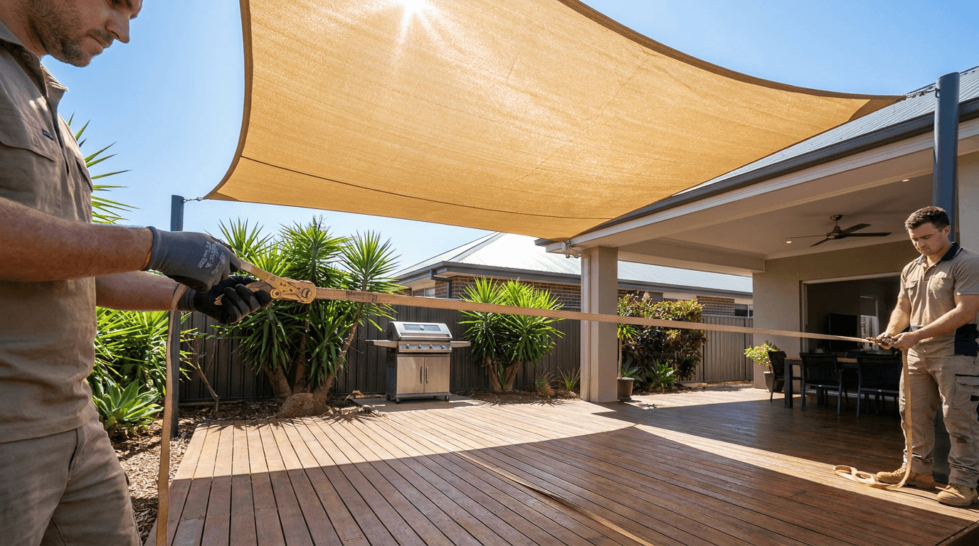 Installers rigging a shade sail over an outdoor area