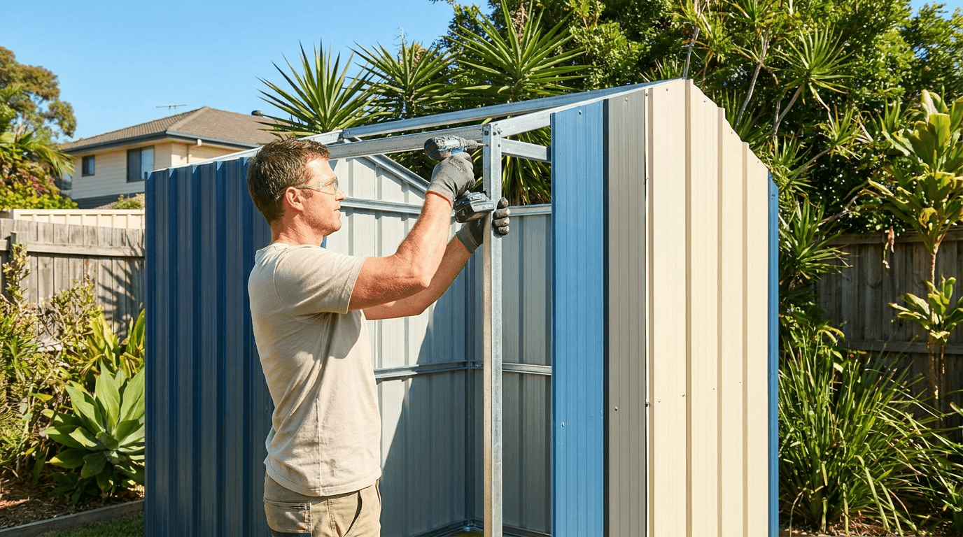 A builder assembling a Colorbond shed frame