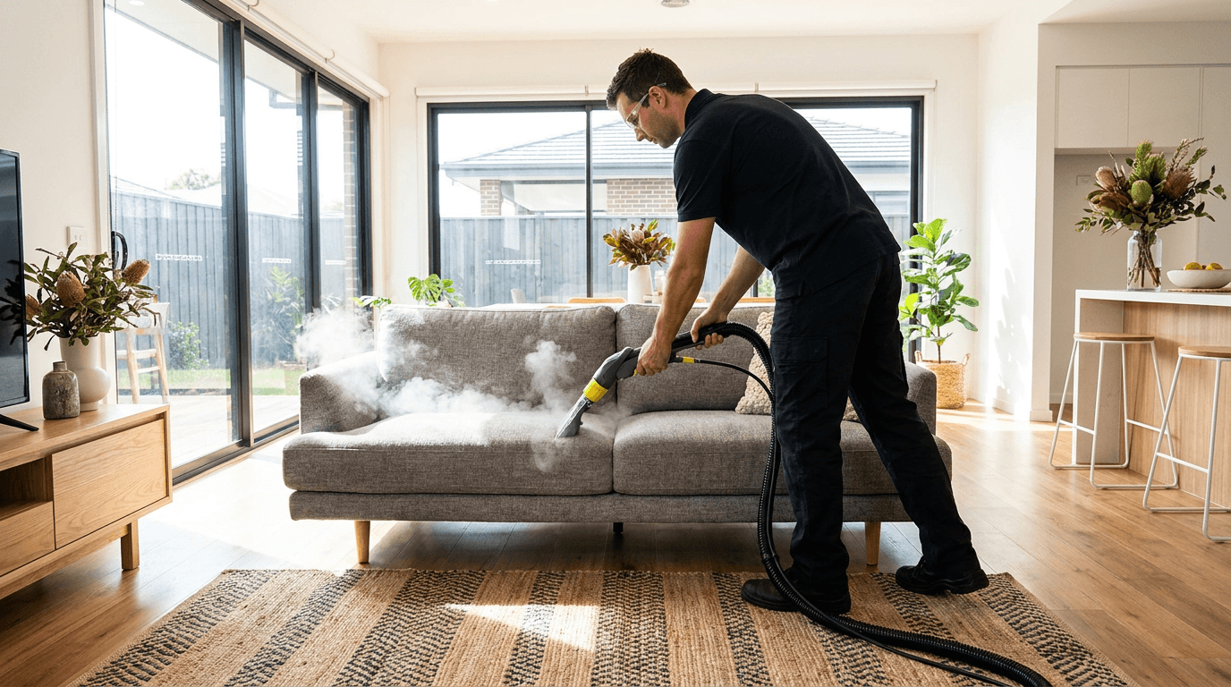 A technician steam-cleaning a fabric sofa