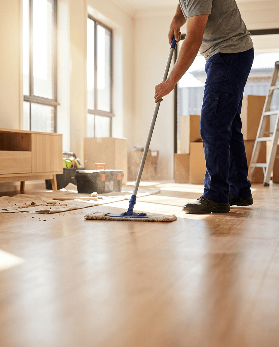 A cleaner mopping a hard floor in a living room