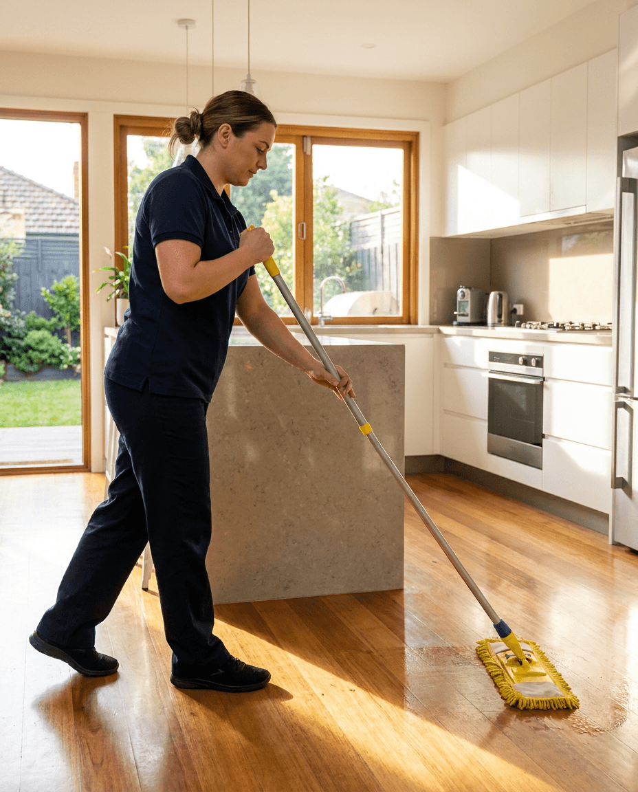 A cleaner mopping the floor of a bright modern kitchen