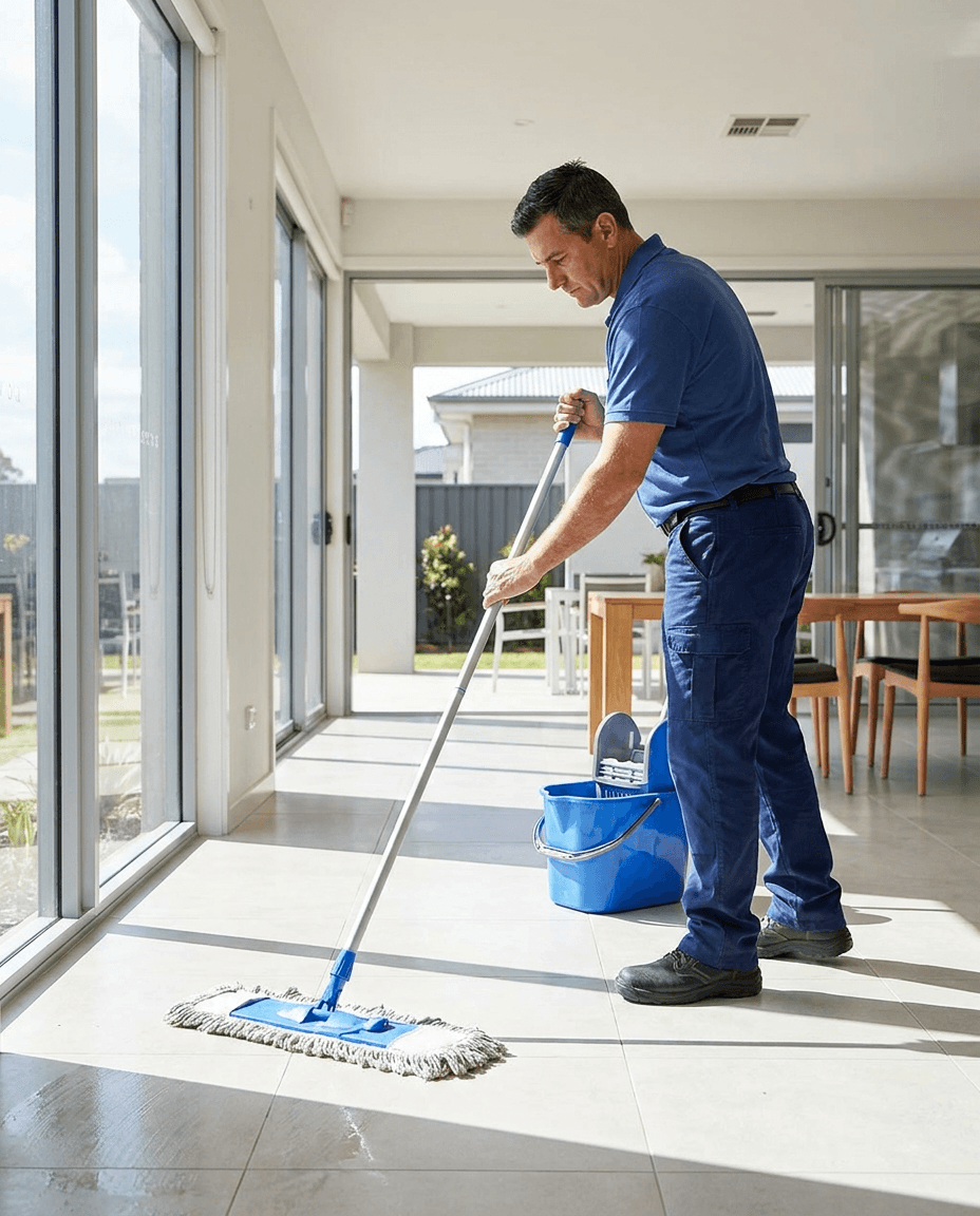 A cleaner mopping a tiled floor with a bucket