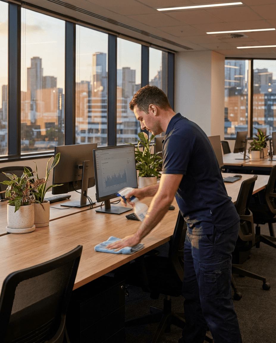 A cleaner wiping down a desk with spray and cloth
