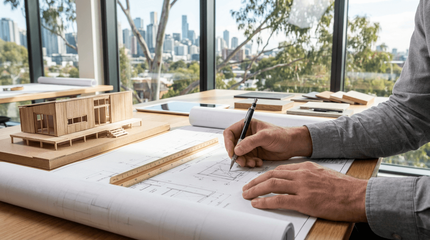 An architect sketching over plans beside a building model