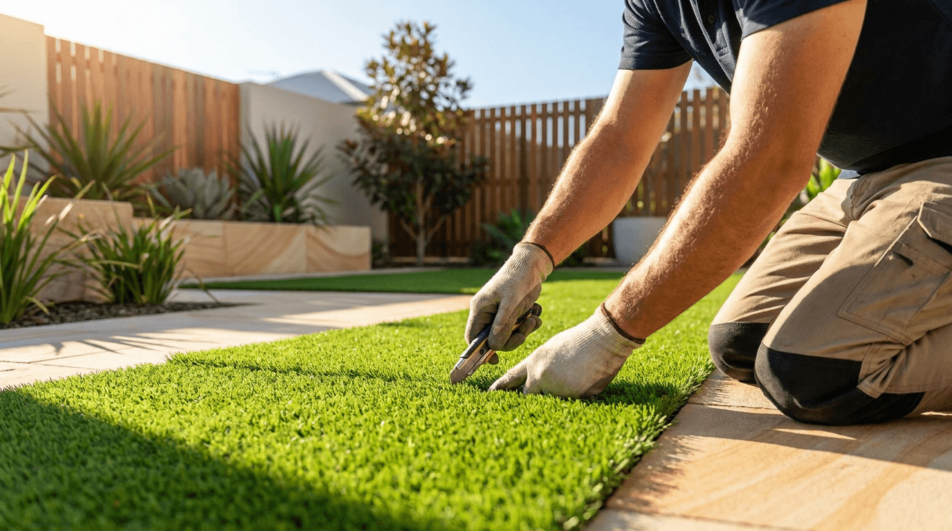 A landscaper laying synthetic turf in a courtyard