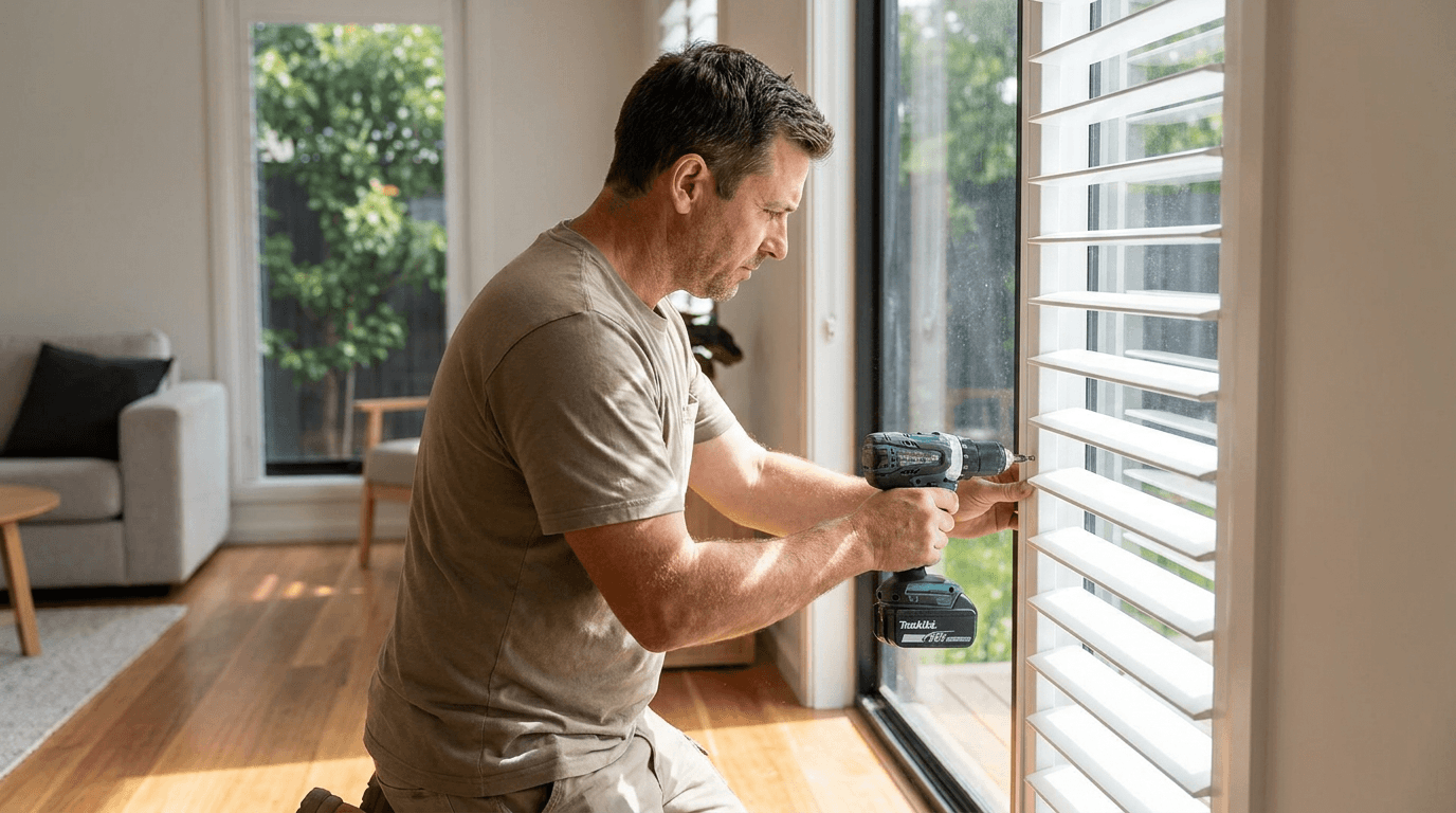An installer fitting plantation shutters to a window