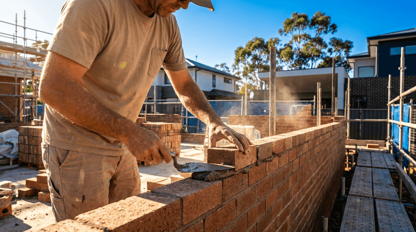 A bricklayer laying bricks on a new wall