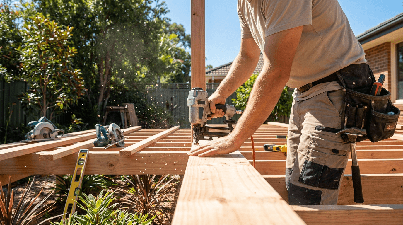 A builder working on a home extension frame