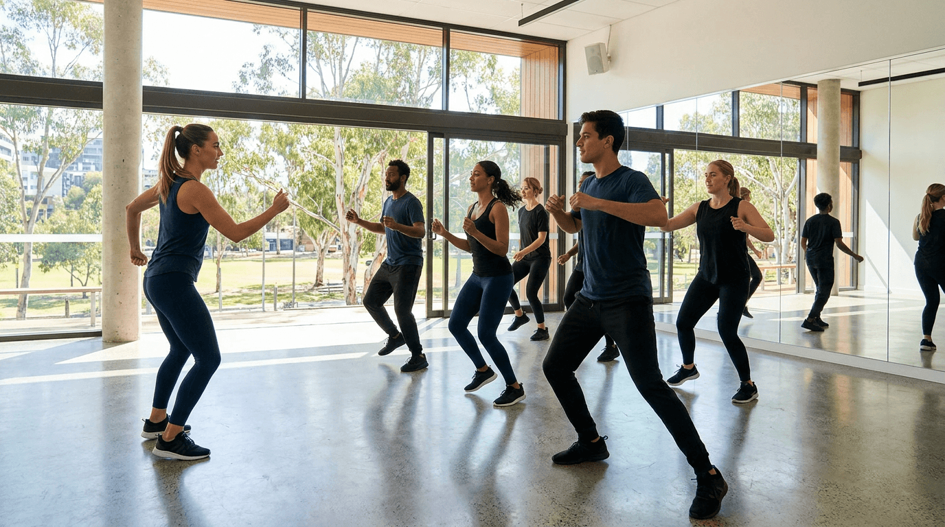 A dance class mid-routine in a studio