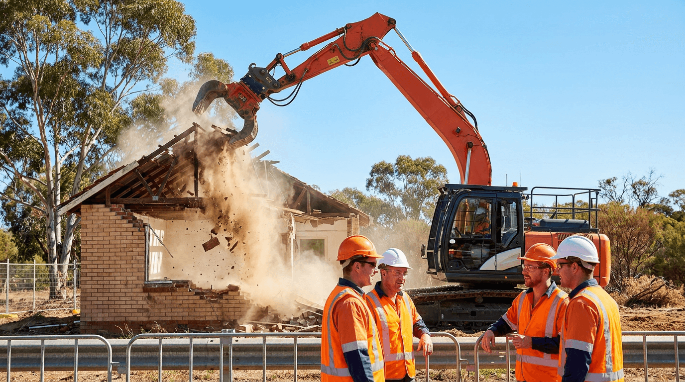 An excavator demolishing a structure on a cleared site