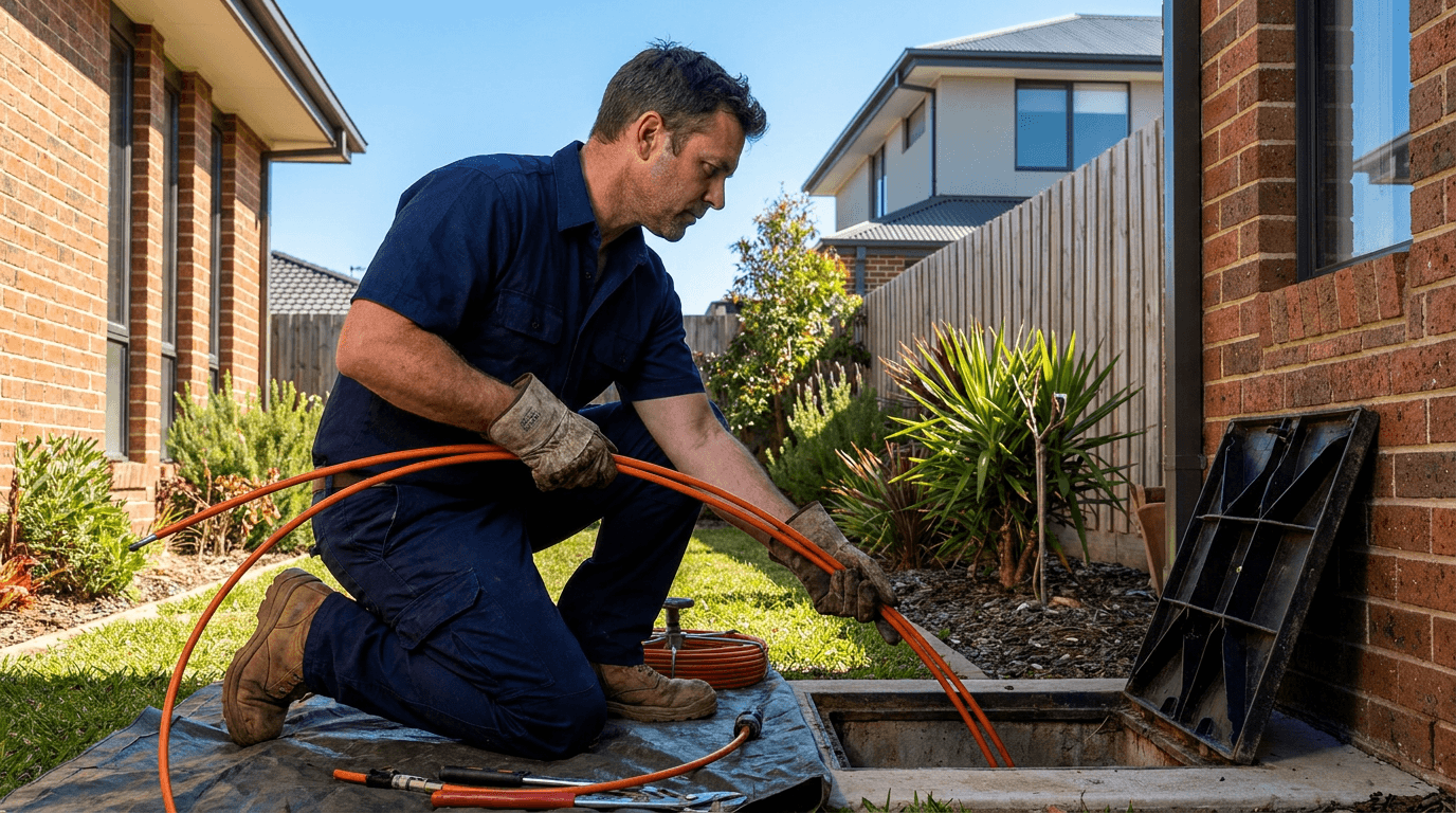 A drainage plumber clearing an outdoor drain in a suburban yard