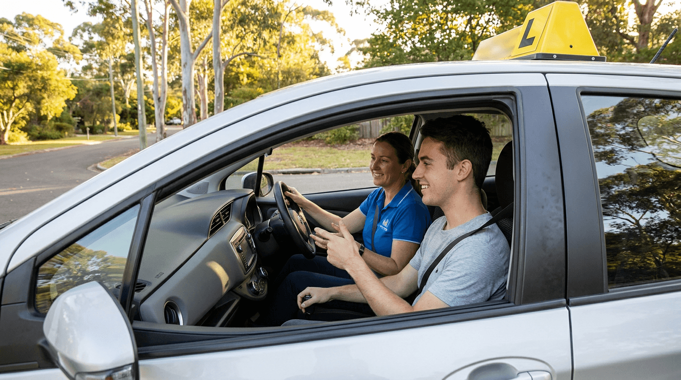 A driving instructor and learner in a car on a leafy street