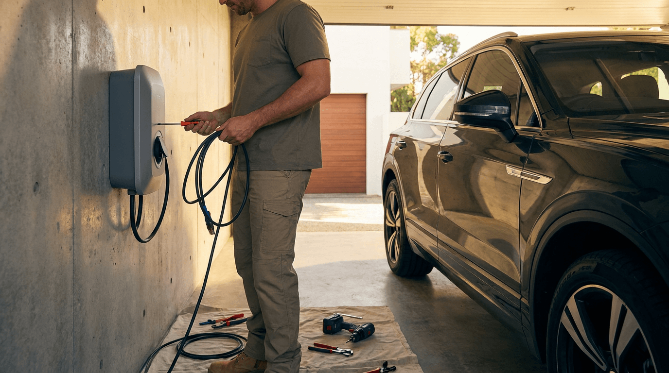 An electrician installing an EV charger in a modern garage