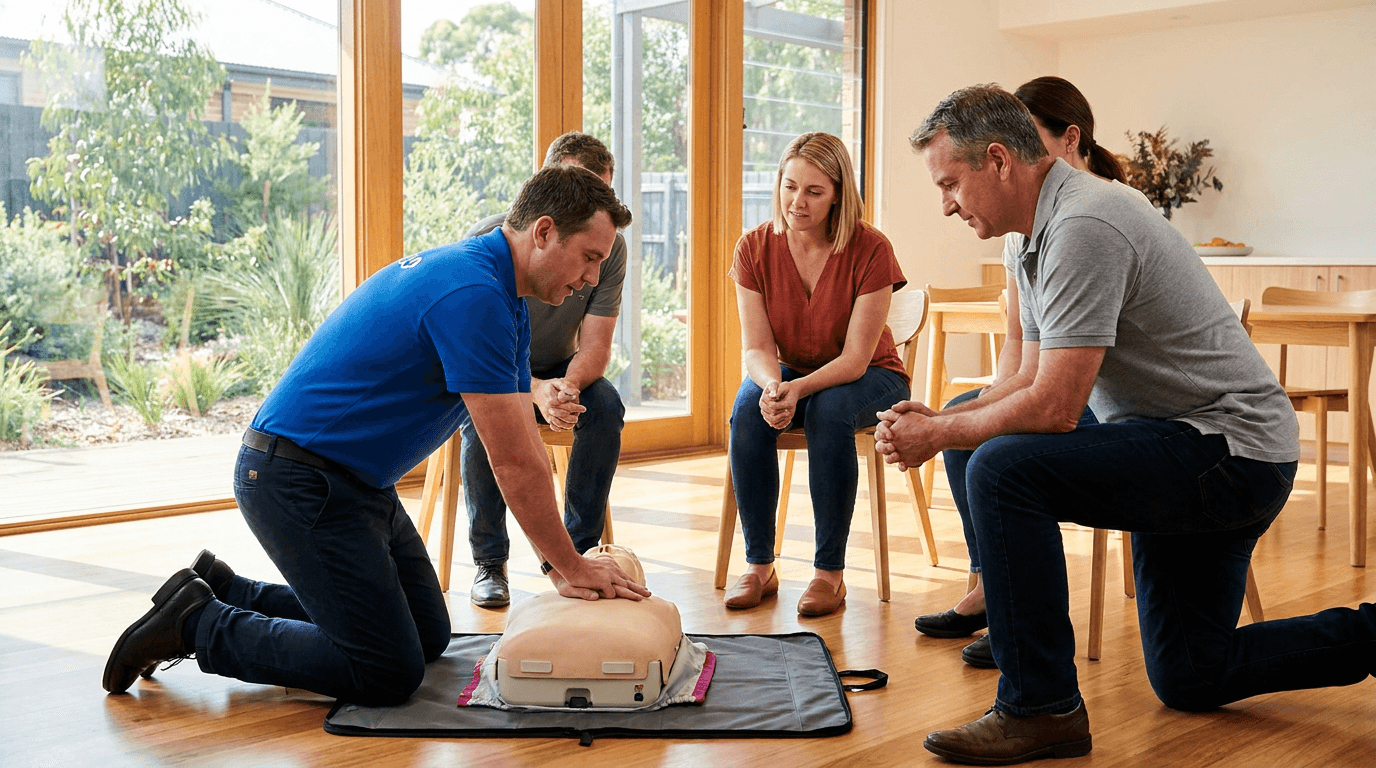 An instructor teaching CPR on a manikin to a first-aid class