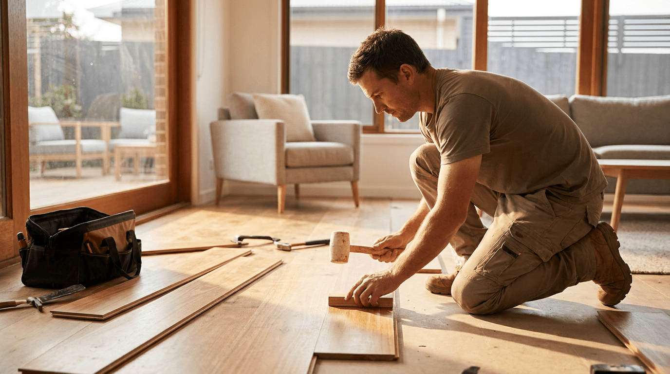 A flooring installer laying timber floorboards in a modern room