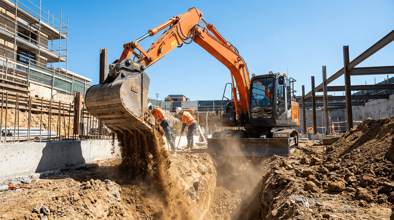 An excavator digging a trench on a building site