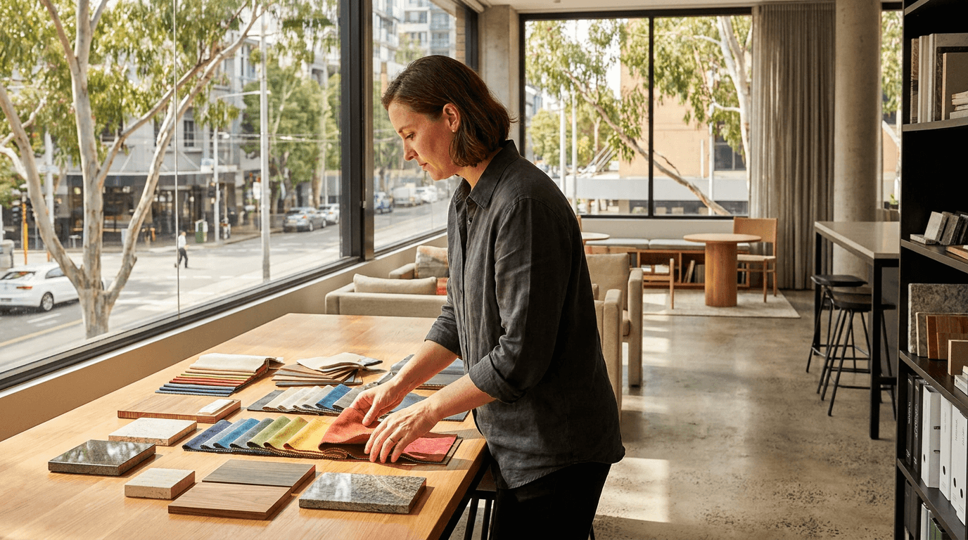An interior designer arranging fabric and material samples
