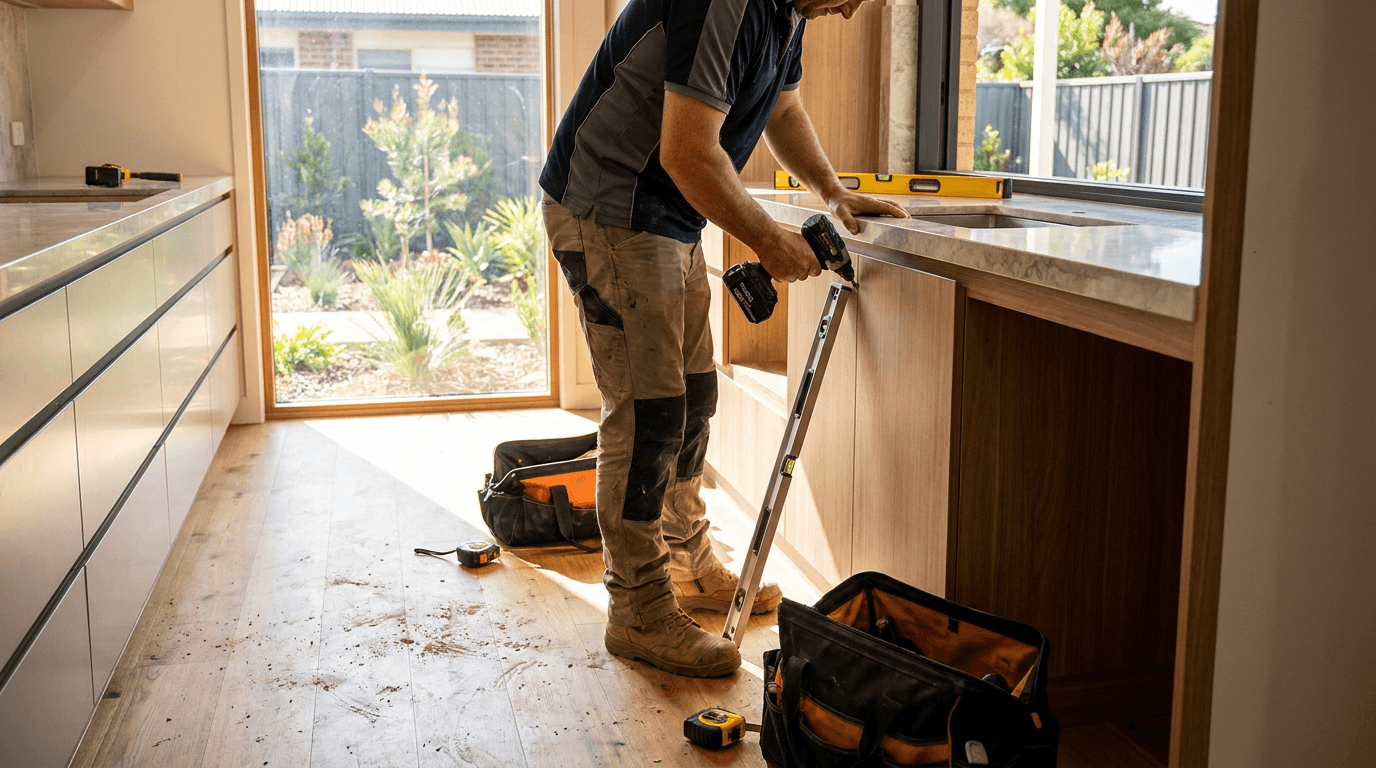 A fitter installing a new kitchen benchtop