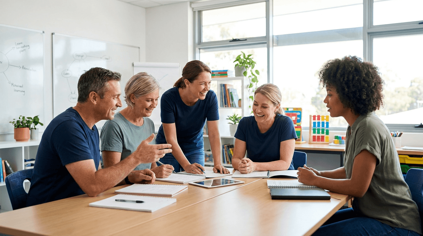 A language class learning together in a bright room