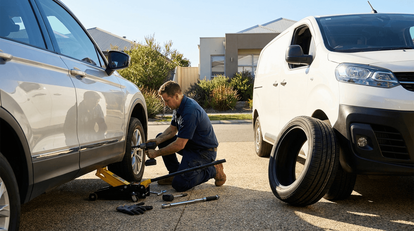 A mobile mechanic fitting a new tyre roadside
