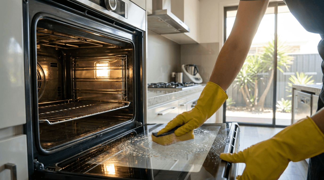 Gloved hands deep-cleaning the inside of an oven
