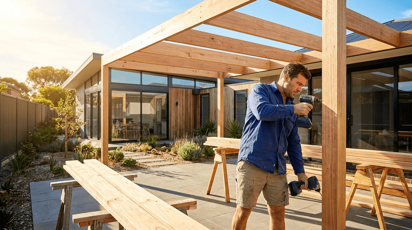 A carpenter building a timber pergola over a patio