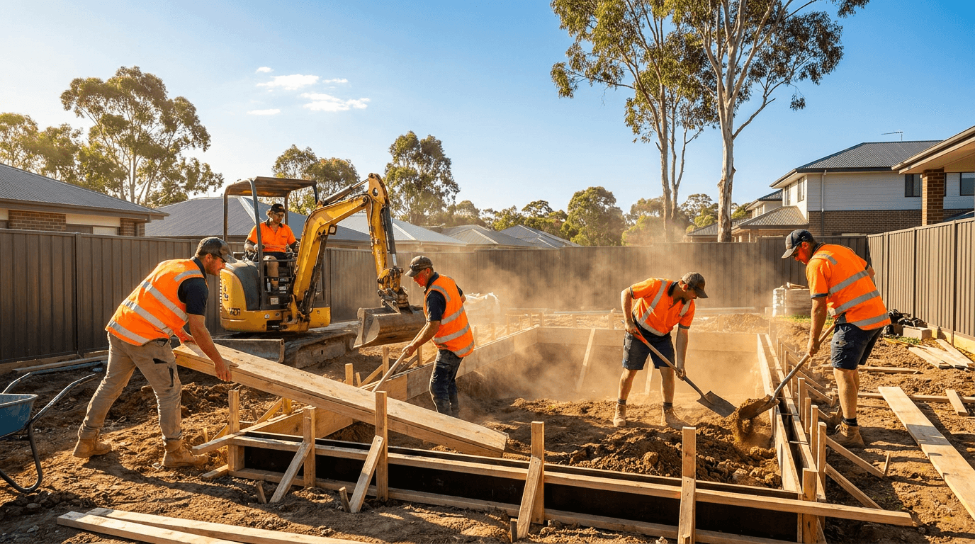 A crew building a new backyard swimming pool