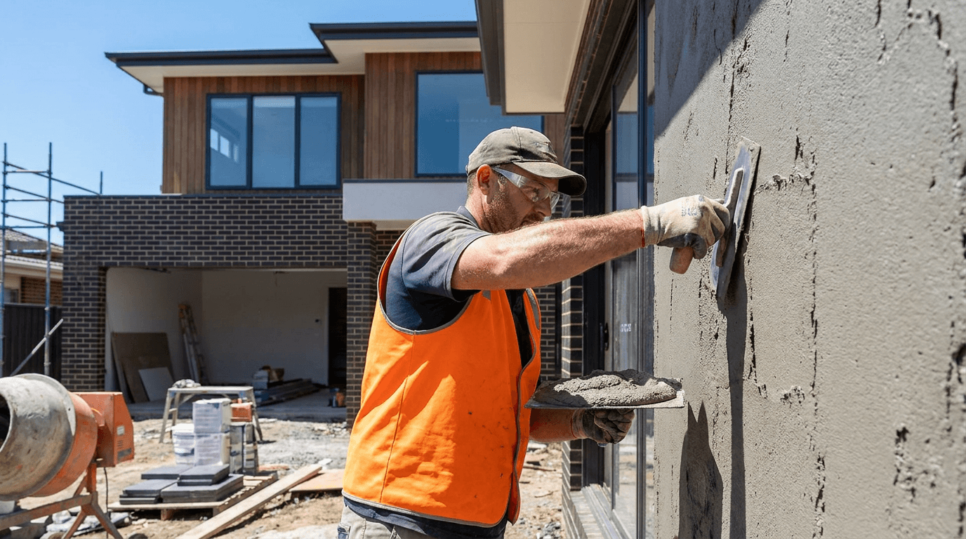 A renderer applying cement render to an exterior wall