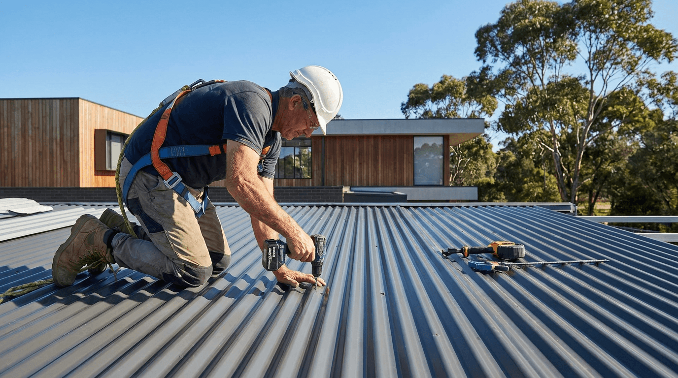 A roofer fixing metal roofing sheets on a modern Australian home