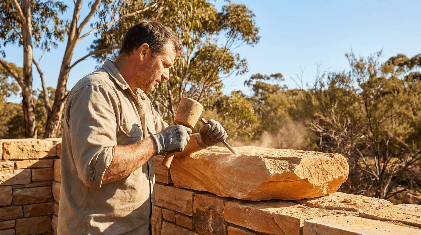 A stonemason shaping natural stone for a wall