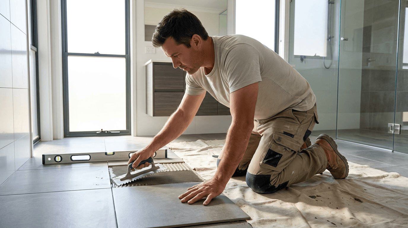 A tiler laying tiles in a bright modern Australian bathroom
