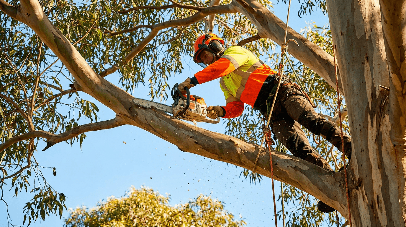 An arborist cutting a limb high in a gum tree