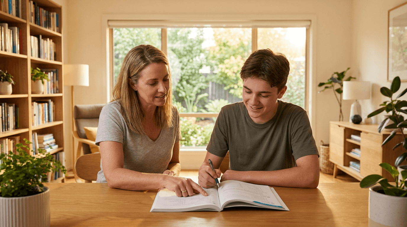 A tutor and student working through a workbook at a home desk