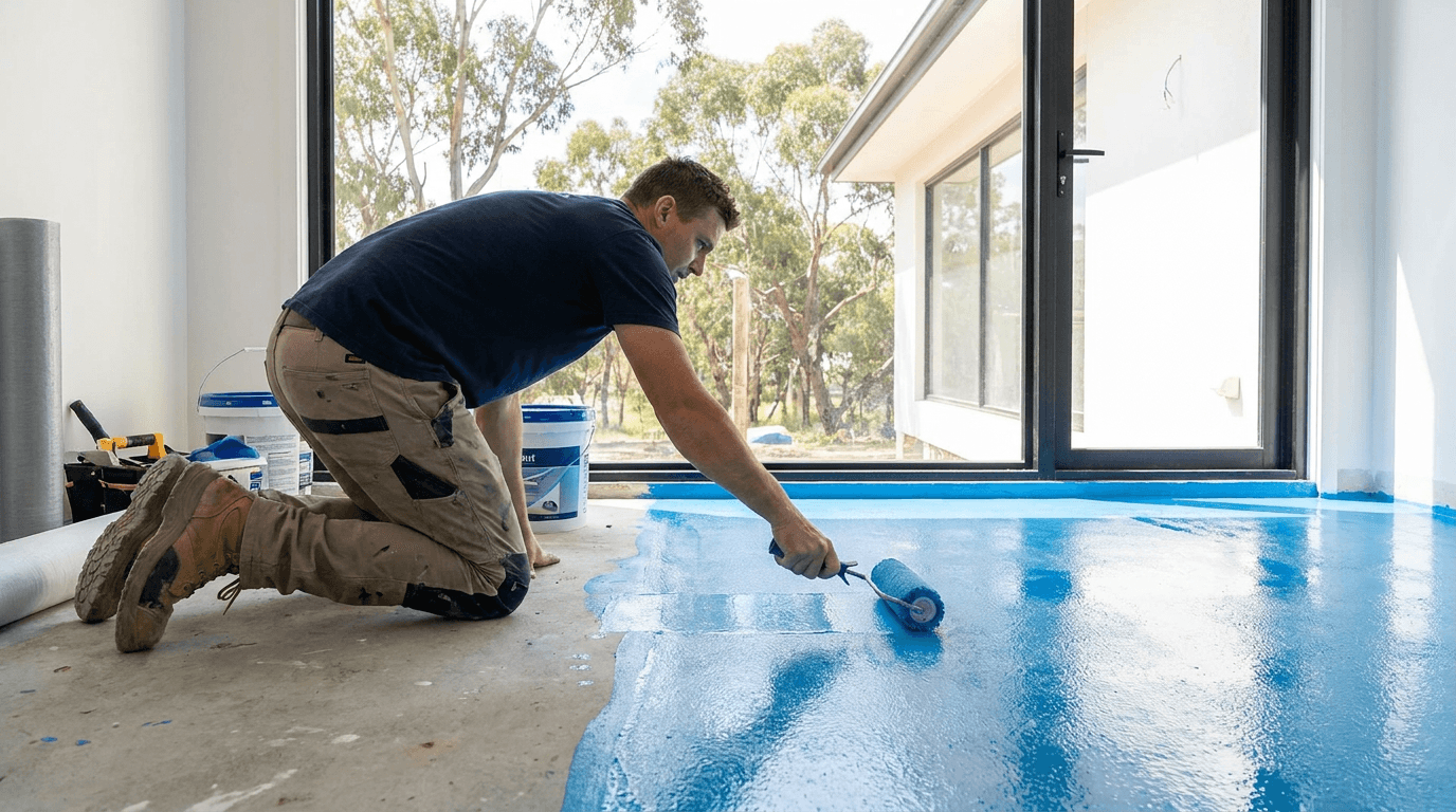 A waterproofer rolling membrane onto a bathroom floor