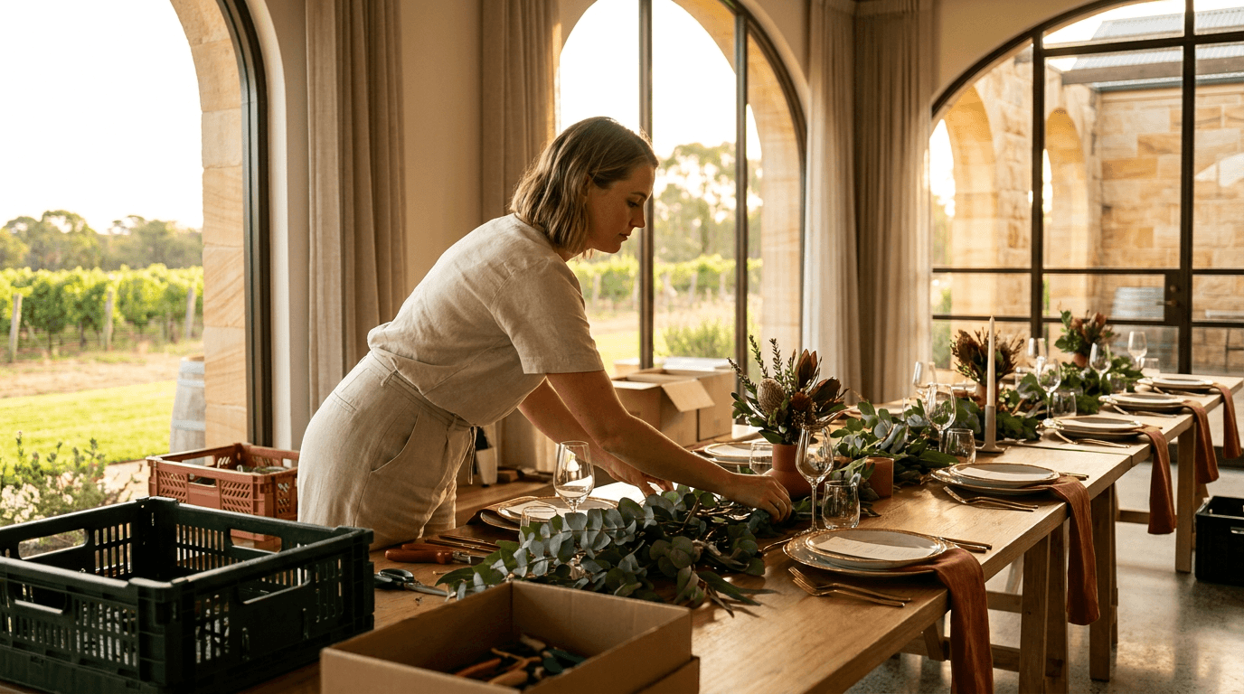 A wedding planner styling a reception table