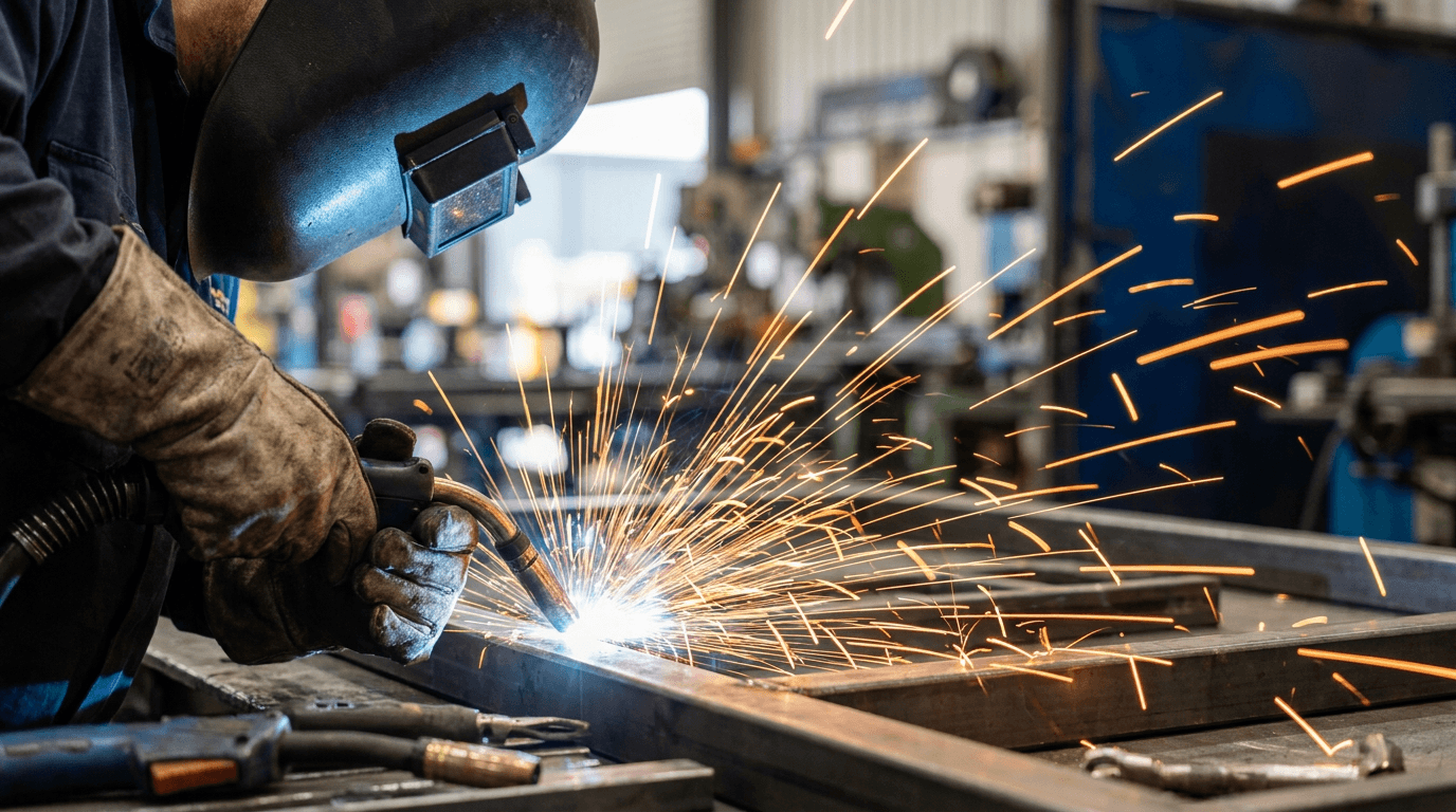 A welder in a helmet joining steel with bright sparks flying