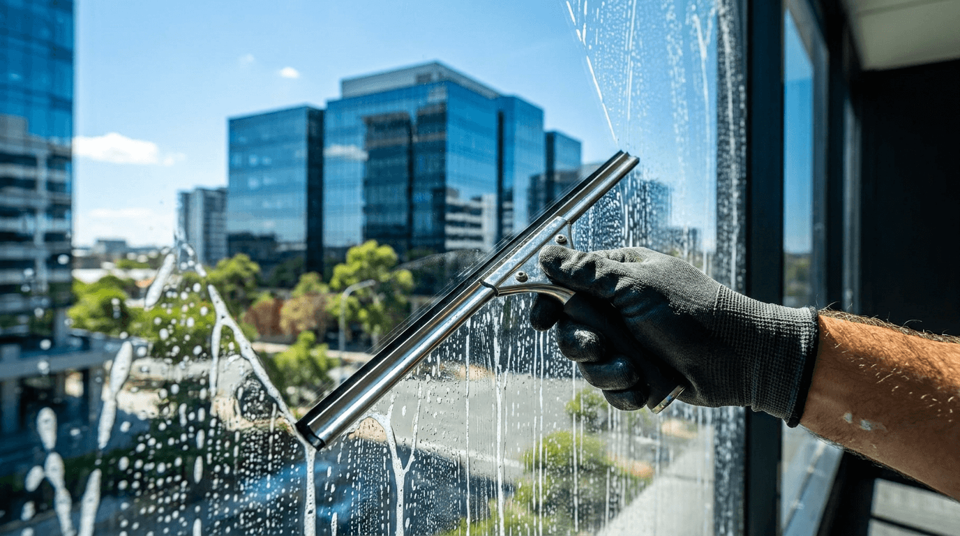 A window cleaner working on a house window